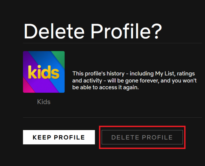Page de confirmation de suppression du profil Netflix