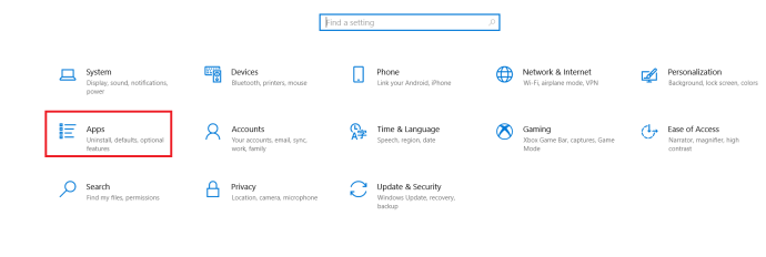 Page des paramètres de Windows 10