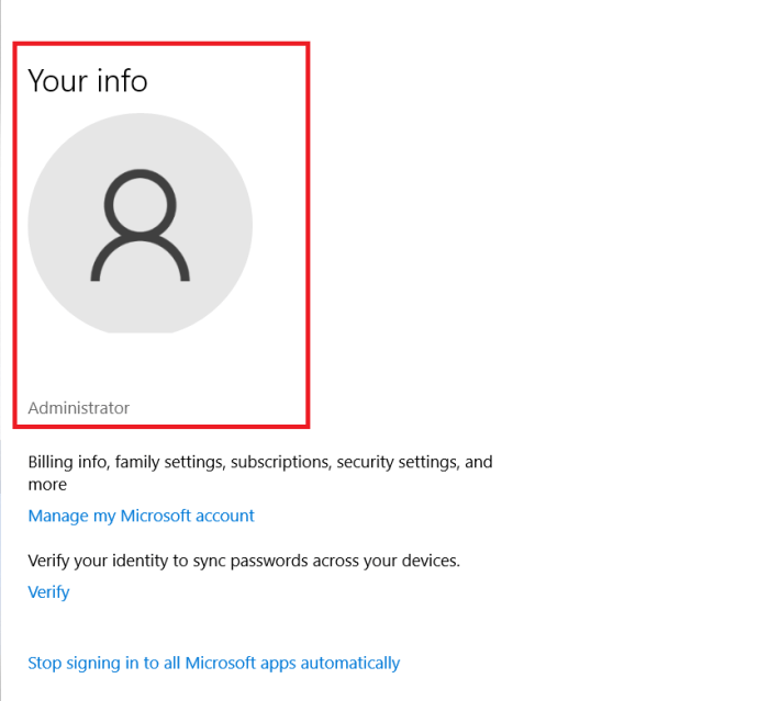 Page d'informations sur l'utilisateur de Windows 10