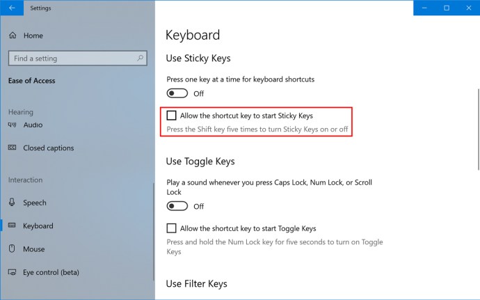 고정 키 비활성화 Windows 10