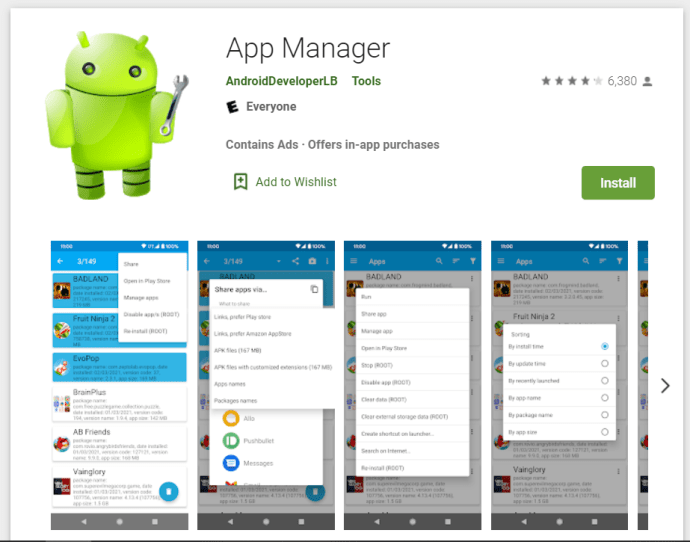 Page du gestionnaire d'applications sur Google Play Store.