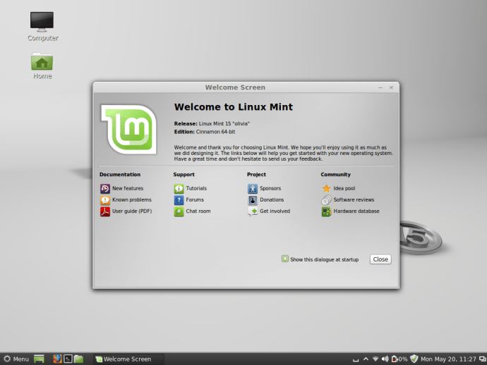 O fereastră prietenoasă de bun venit îi prezintă pe noii veniți în Linux Mint